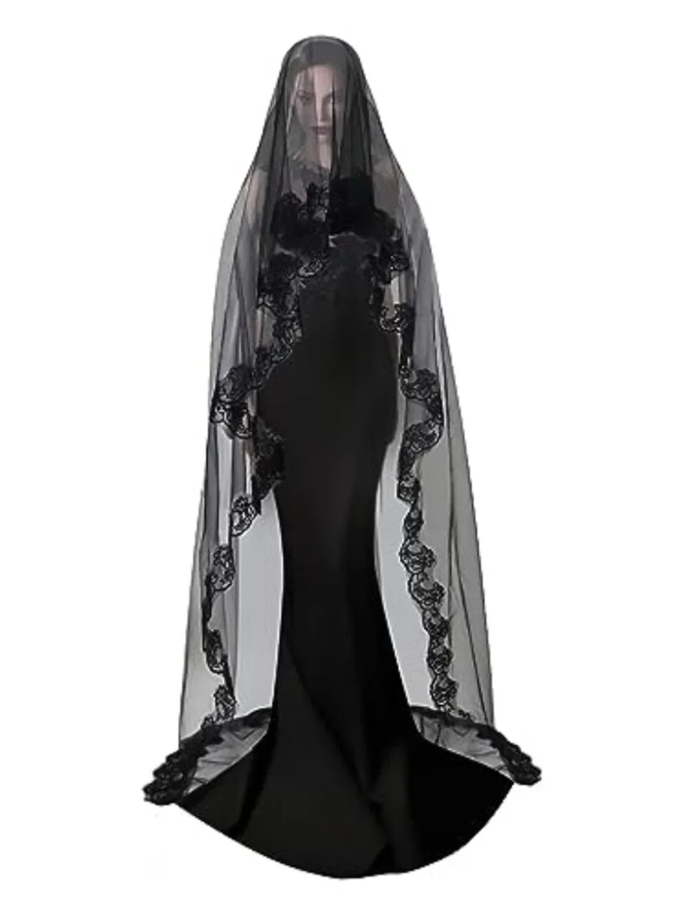 Black Lace Bridal Veil Long Tulle Wedding Shawl Halloween Witch Cos Headdress
